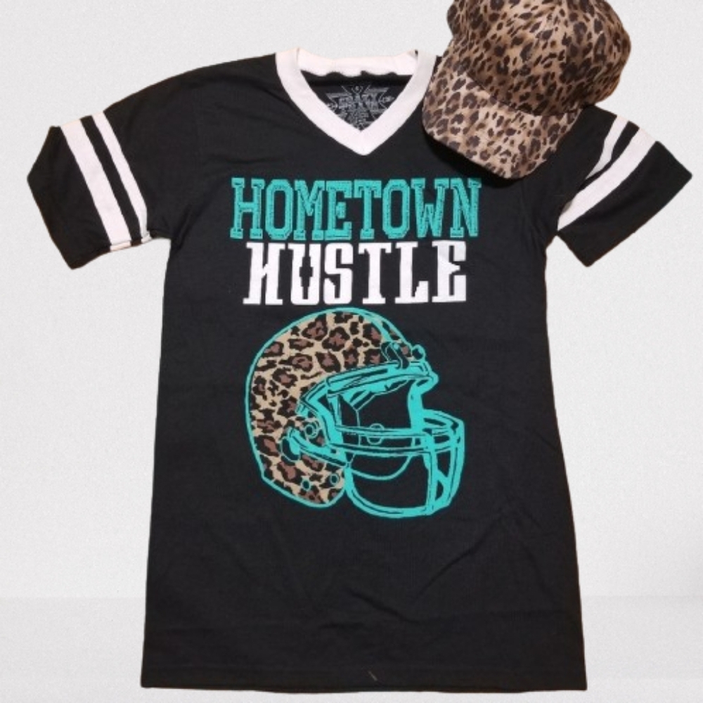 "Hometown Hustle" Football Top - Small -Teal And Leopard